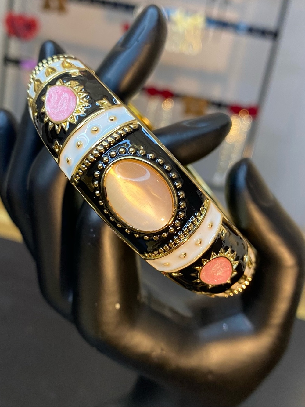Vintage Boho Cat's Eye Floral Hinged Bangle Bracelet Cottagecore Coquette